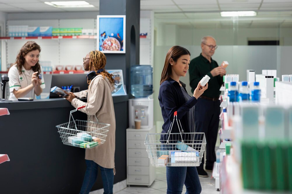 Asian client navigates pharmacy shelves full of drugs and vitamins relying on medicaments boxes